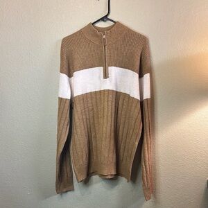New Frye Sweater Men’s Tan & White Stripe Quarter Zip Casual Preppy Knit Sz XL